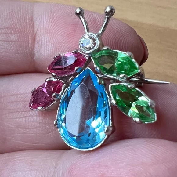 DESIGNER VINTAGE 925 SS CRYSTAL BEETLE BUG PIN BROOCH VIBRANT BLUE PINK GREEN